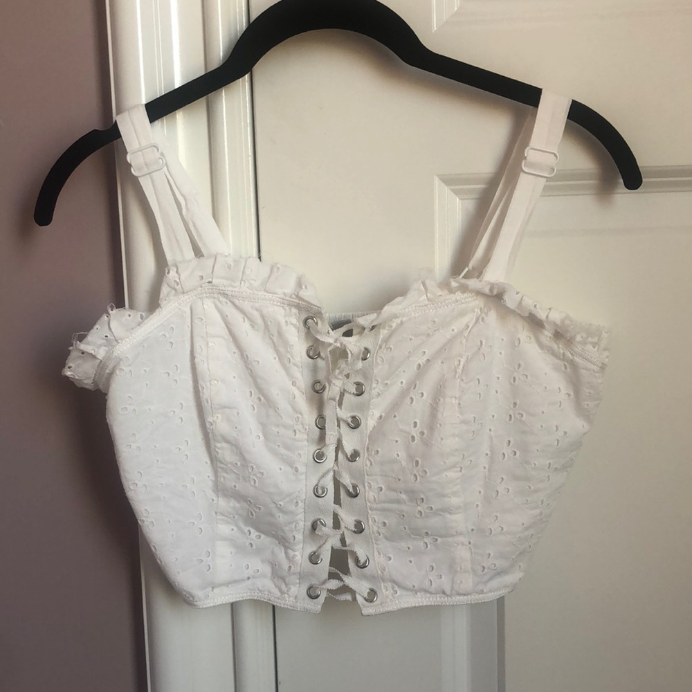 Floral white lace up tank top